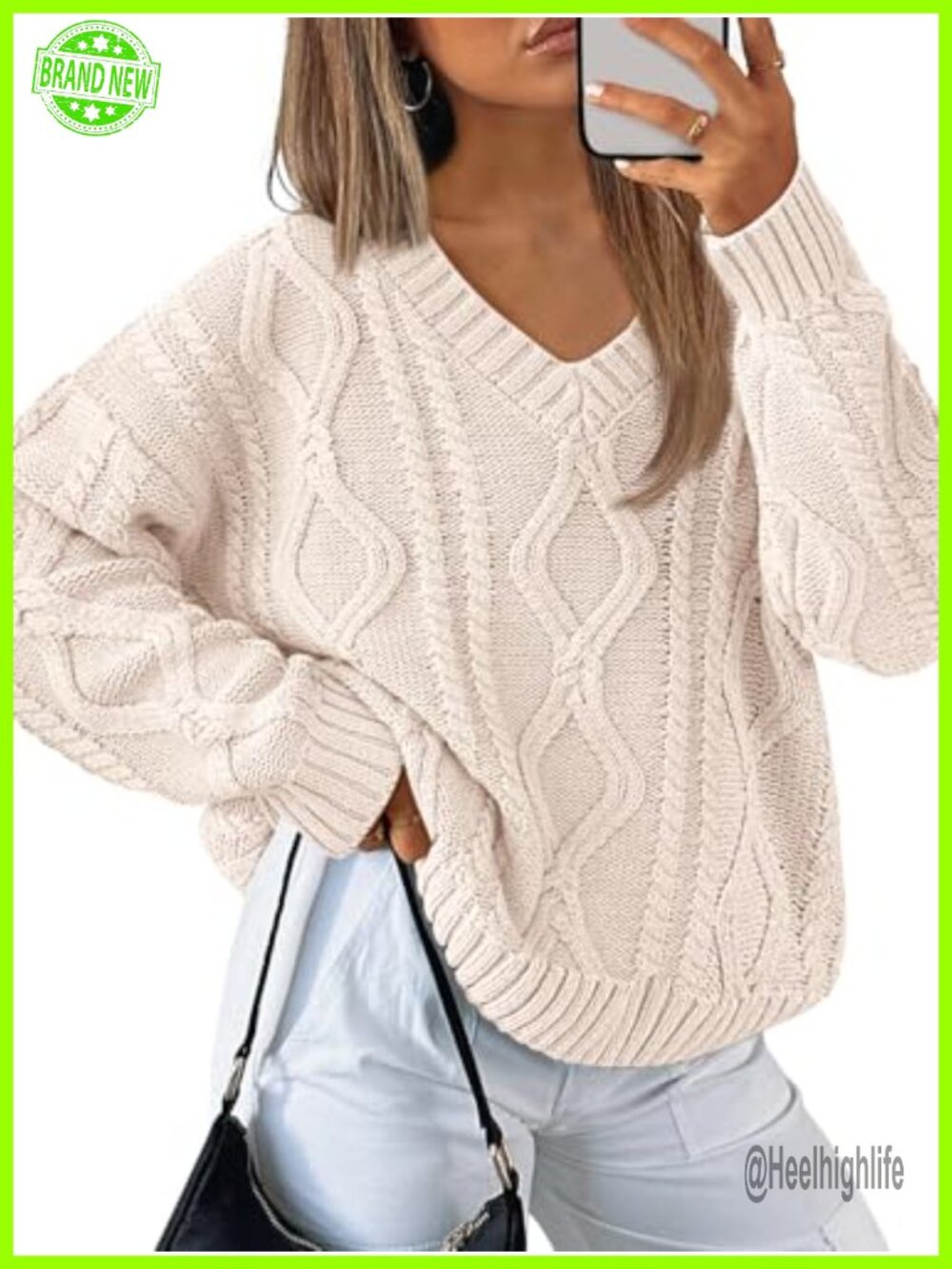 V Neck Cable Knit Pullover Sweater Oversized Cozy Fall Winter Cotton Blend